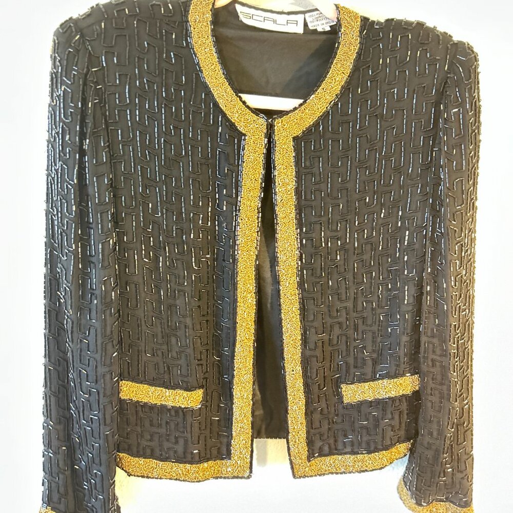 Vintage SCALA 100% Silk Sequin Black with Gold Lining Evening Jacket SZ SM